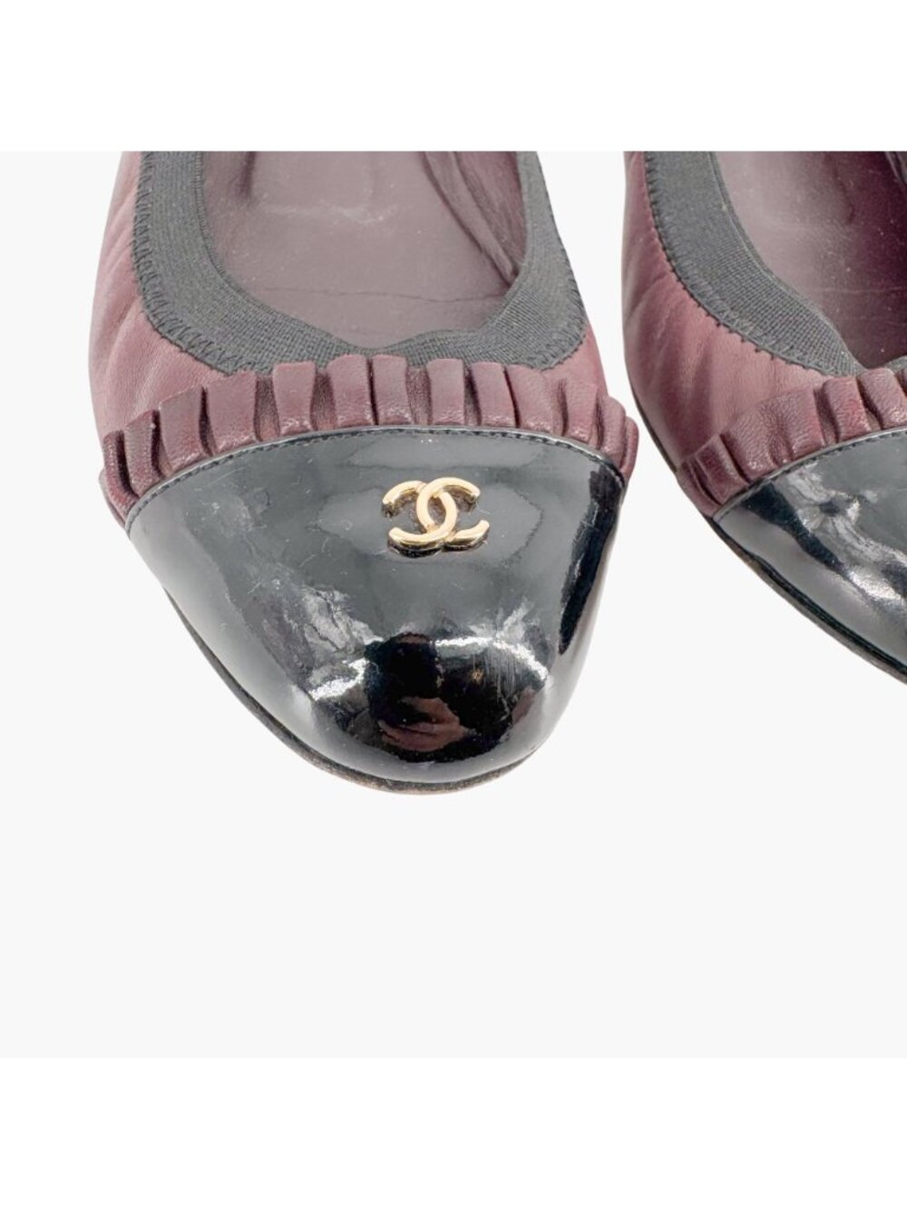 Chanel CC Ruffle Cap Toe Ballet Flats EU 37 US 6-6.5 Brown Burgundy Leather - Picture 4 of 15